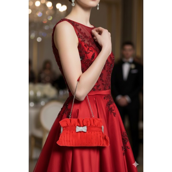 Evening Bag - Pleated Satin w/ Rhinestone Bow - Red - BG-92288R